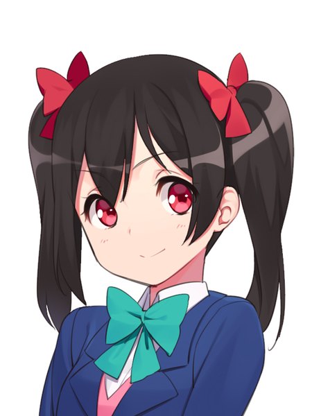 Anime picture 600x800 with love live! school idol project sunrise (studio) love live! yazawa nico ssberit single long hair tall image fringe black hair simple background smile red eyes white background twintails looking away portrait girl uniform bow