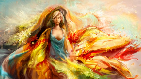 Anime picture 1200x675 with takaya (pixiv528263) blonde hair wide image standing bare shoulders yellow eyes dress fire robe