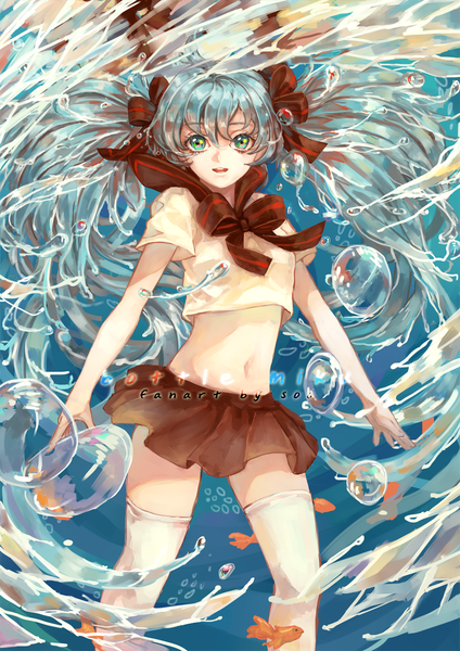 Anime picture 868x1227 with vocaloid hatsune miku bottle miku soo122 single tall image open mouth twintails pleated skirt aqua hair zettai ryouiki happy multicolored eyes liquid hair girl thighhighs skirt navel uniform hair ornament