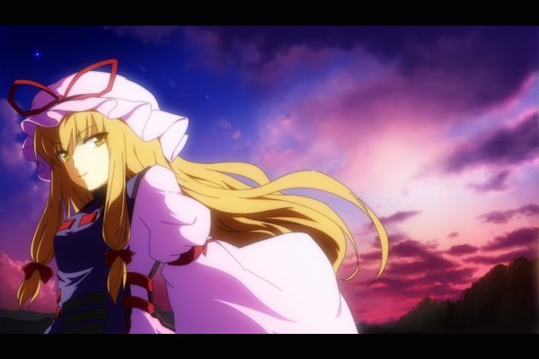 Anime picture 1500x1000 with touhou yakumo yukari tanpinsansyoku (artist) single long hair blonde hair yellow eyes sky cloud (clouds) girl cap