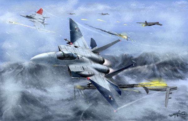 Anime picture 2500x1611 with ace combat thompson highres signed sky smoke mountain flying landscape battle war weapon airplane jet missile f-15