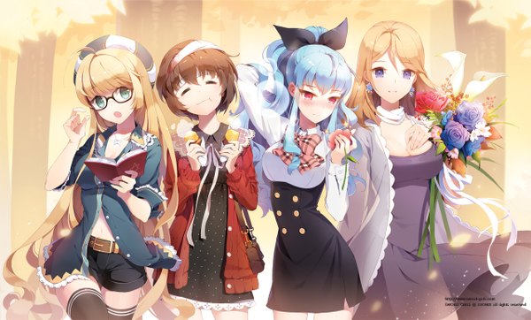 Anime picture 1280x774 with sword girls gilse long hair blush short hair blonde hair red eyes brown hair wide image purple eyes multiple girls green eyes blue hair eyes closed girl thighhighs dress flower (flowers) bow black thighhighs