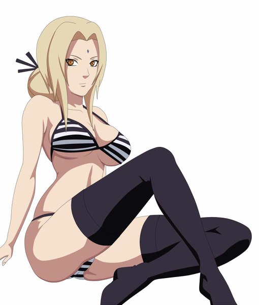 Anime picture 851x1000 with naruto studio pierrot naruto (series) tsunade kraddy07 single long hair tall image looking at viewer breasts light erotic blonde hair simple background large breasts white background sitting bare shoulders brown eyes midriff legs