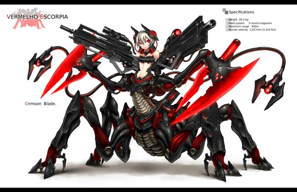 Anime picture 2000x1296 with original gia single highres short hair red eyes white hair inscription letterboxed mecha musume mechanical parts girl weapon headphones gun huge weapon mecha