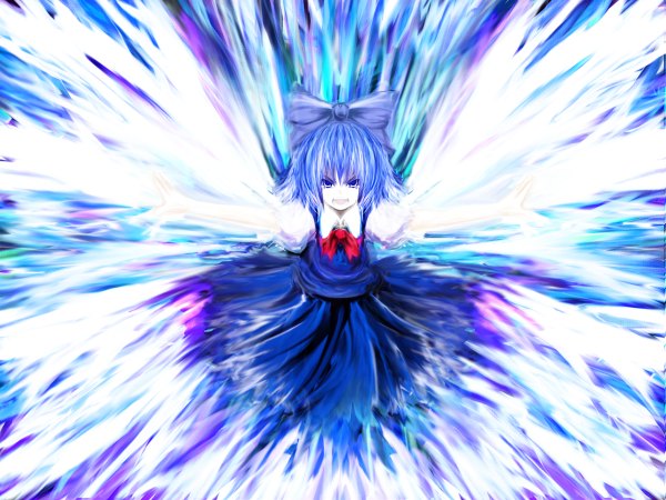 Anime picture 1200x900 with touhou cirno rasha single blue hair tears blue background angry girl bow hair bow