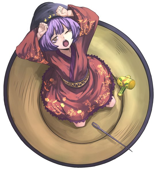 Anime picture 832x886 with touhou sukuna shinmyoumaru eredhen single tall image fringe short hair open mouth simple background white background purple hair traditional clothes japanese clothes one eye closed from above black eyes arms up yawn sleepy girl
