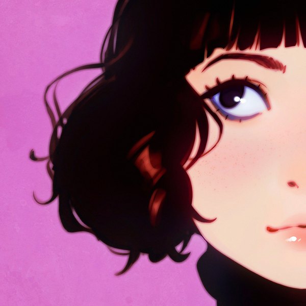 Anime picture 1080x1080 with original ilya kuvshinov single fringe short hair simple background brown hair lips wavy hair looking up close-up face purple background girl