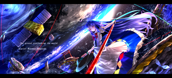Anime picture 1531x700 with touhou hinanawi tenshi ryosios single long hair red eyes wide image blue hair letterboxed space girl dress weapon hat sword planet earth hisou no tsurugi satellite