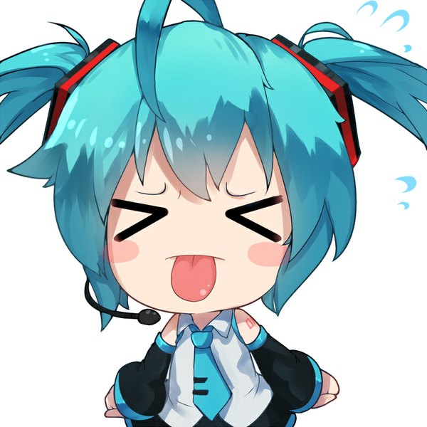 Anime picture 800x800 with vocaloid hatsune miku qys3 single long hair blush fringe simple background white background twintails ahoge eyes closed aqua hair eyebrows chibi > < girl skirt detached sleeves miniskirt