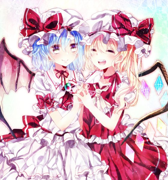 Anime picture 1248x1339 with touhou flandre scarlet remilia scarlet gingetsu ringo tall image blush short hair open mouth blonde hair multiple girls yellow eyes blue hair eyes closed girl dress skirt bow 2 girls wings bonnet