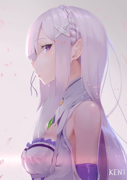 Anime picture 2480x3507 with re:zero kara hajimeru isekai seikatsu white fox emilia (re:zero) kentllaall kentia single long hair tall image highres purple eyes bare shoulders looking away white hair profile pointy ears girl dress