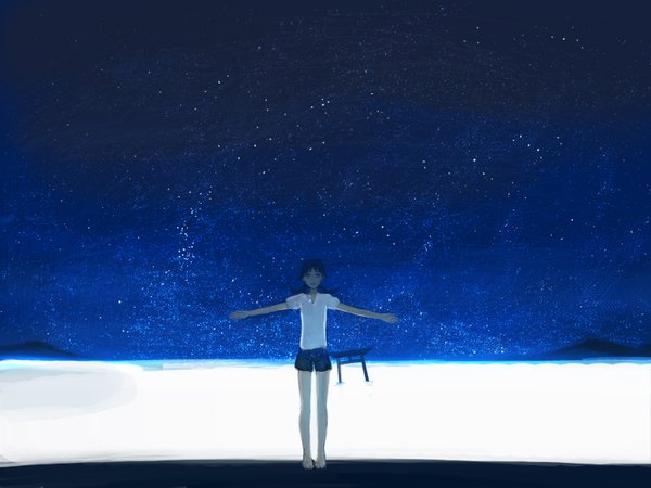 Anime picture 1500x1125 with narutaru tamai shiina sime (echo) short hair blue eyes twintails blue hair sky barefoot night bare legs night sky spread arms mountain scenic lake girl water shorts star (stars)