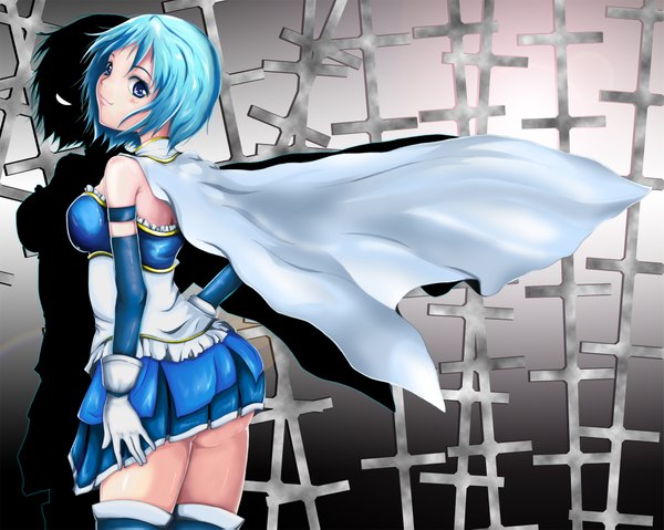 Anime picture 1969x1575 with mahou shoujo madoka magica shaft (studio) miki sayaka single highres short hair blue eyes smile blue hair looking back girl gloves elbow gloves