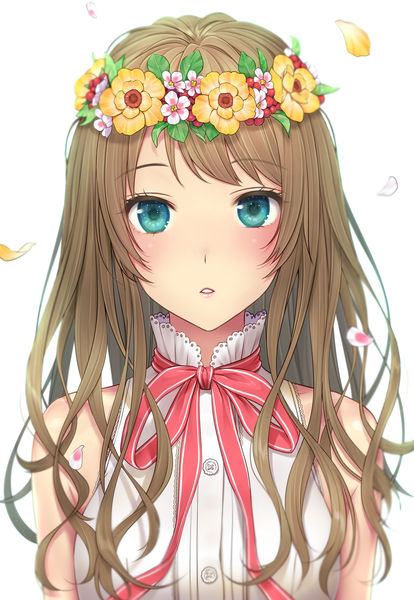 Anime picture 1000x1448 with original daidai jamu single long hair tall image looking at viewer blush fringe breasts simple background brown hair white background bare shoulders upper body parted lips hair flower aqua eyes sleeveless wavy hair girl