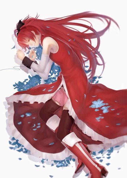 Anime picture 1536x2148 with mahou shoujo madoka magica shaft (studio) sakura kyouko gonzales (kakaaaannn) single long hair tall image fringe bent knee (knees) ponytail red hair lying eyes closed light smile on side girl detached sleeves petals frills wrist cuffs