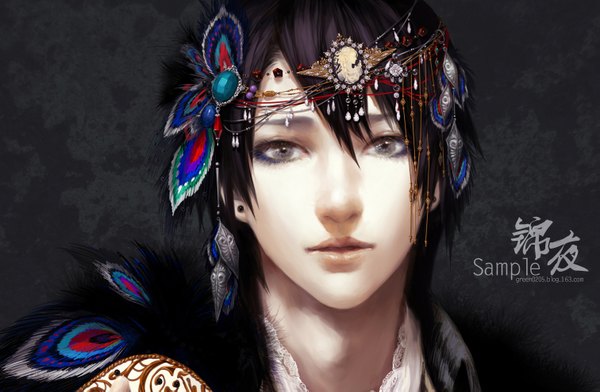 Anime picture 1511x989 with original green (pixiv) single short hair black hair simple background lips realistic grey eyes face boy hair ornament feather (feathers)