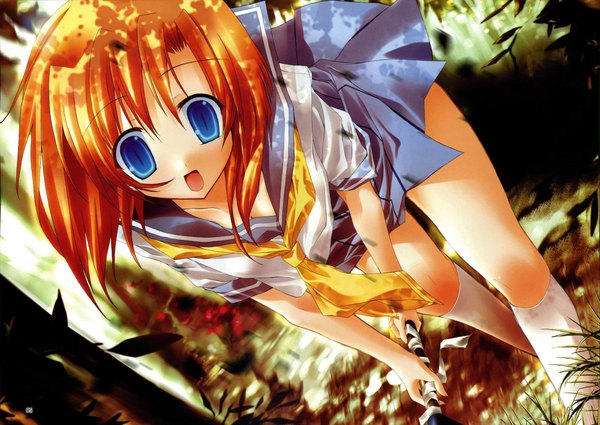 Anime picture 2116x1500 with higurashi no naku koro ni studio deen ryuuguu rena tororo single looking at viewer fringe highres short hair open mouth blue eyes smile holding signed outdoors :d pleated skirt wind orange hair shadow