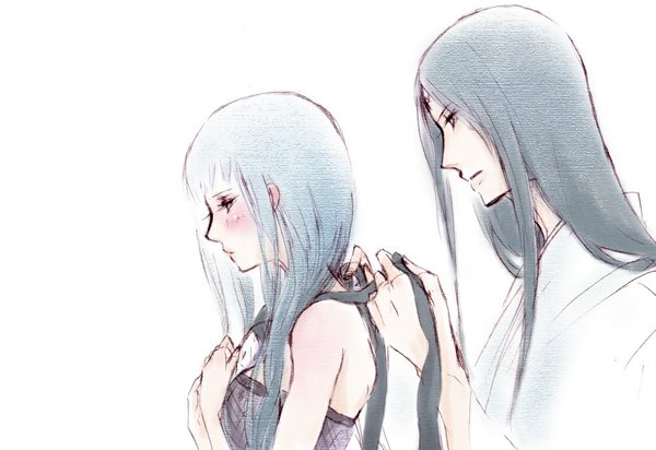 Anime picture 1002x689 with naruto studio pierrot naruto (series) hyuuga hinata hyuuga neji tagme (artist) long hair blush simple background white background bare shoulders traditional clothes profile grey hair from behind sleeveless couple girl boy