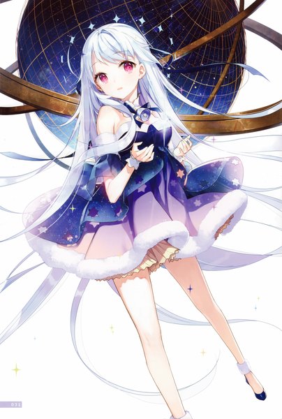 Anime picture 2356x3500 with original salt (salty) single long hair tall image looking at viewer highres white background bare shoulders white hair pink eyes scan girl dress star (symbol) star (stars) bell