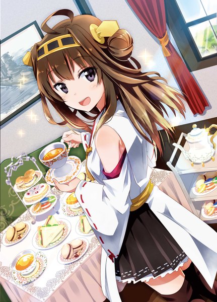 Anime picture 2976x4138 with kantai collection kongou battleship gotyou ayuyanaka no hito single long hair tall image looking at viewer highres brown hair ahoge traditional clothes japanese clothes grey eyes hair bun (hair buns) nontraditional miko girl skirt miniskirt food