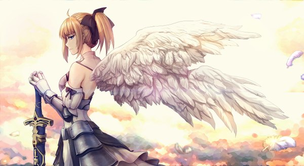 Anime picture 2708x1476 with fate (series) fate/unlimited codes type-moon artoria pendragon (all) saber lily ao aka maou single long hair fringe highres blonde hair wide image holding looking away sky cloud (clouds) ahoge ponytail profile bare back