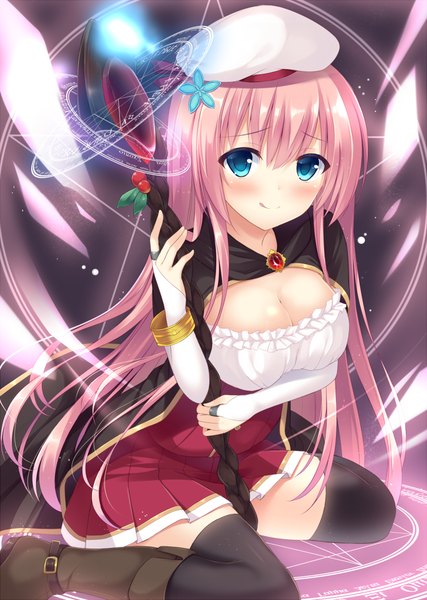 Anime picture 723x1016 with original tomoo (tomo) single long hair tall image blush breasts blue eyes light erotic smile large breasts pink hair magic glow girl thighhighs dress gloves black thighhighs boots