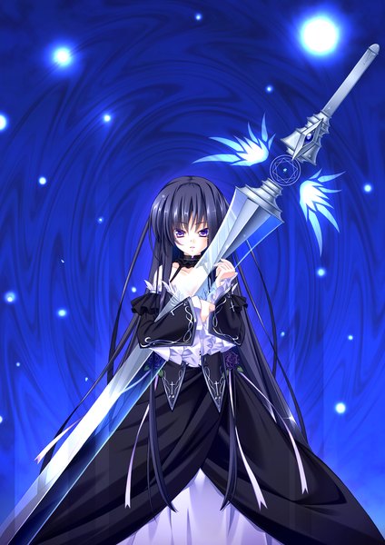 Anime picture 2894x4093 with original argenteumastrum single tall image looking at viewer highres black hair purple eyes very long hair blue background girl weapon detached sleeves sword