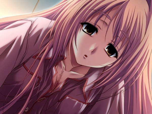 Anime picture 1024x768 with memories off nonohara haya single long hair looking at viewer open mouth brown eyes pink hair scar girl buttons pajamas
