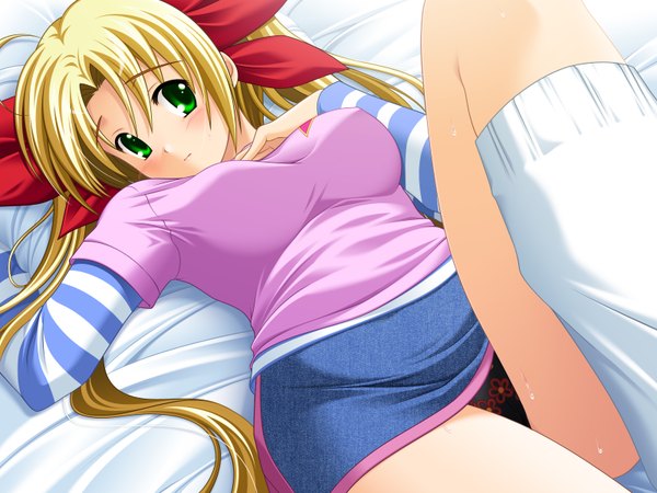 Anime picture 1600x1200 with anonono komiya momiji single long hair blush breasts light erotic blonde hair twintails green eyes game cg pantyshot underwear panties bow hair bow