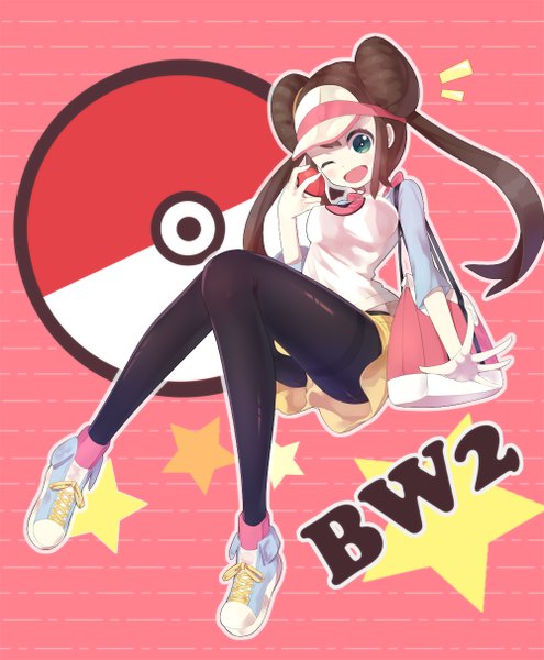 Anime picture 1000x1213 with pokemon pokemon black and white nintendo rosa (pokemon) ririko (zhuoyandesailaer) single long hair tall image looking at viewer blush open mouth brown hair twintails green eyes one eye closed wink hair bun (hair buns) pink background girl pantyhose
