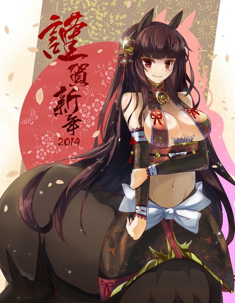 Anime picture 795x1024 with original rocknroll (artist) single long hair tall image looking at viewer blush breasts light erotic black hair smile red eyes animal ears new year happy new year 2014 girl navel hair ornament detached sleeves