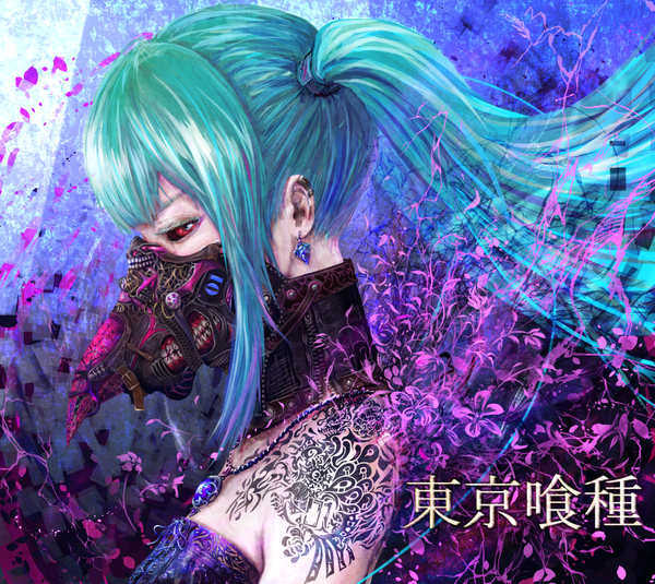 Anime picture 1350x1204 with tokyo ghoul vocaloid studio pierrot hatsune miku yamamoto no ari single long hair looking at viewer fringe red eyes twintails profile aqua hair tattoo floral print close-up black sclera girl earrings pendant