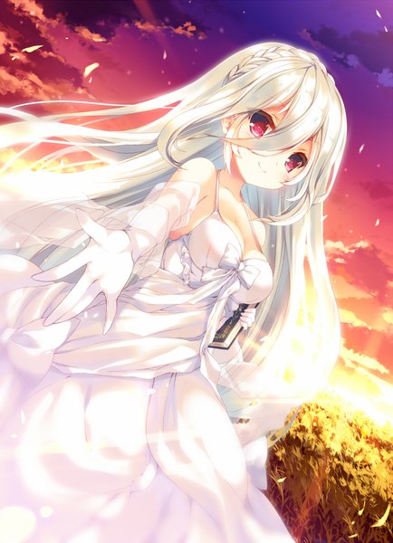 Anime picture 800x1106 with original p19 single long hair tall image looking at viewer blush fringe smile hair between eyes red eyes bare shoulders holding payot cleavage silver hair braid (braids) from below dutch angle outstretched arm