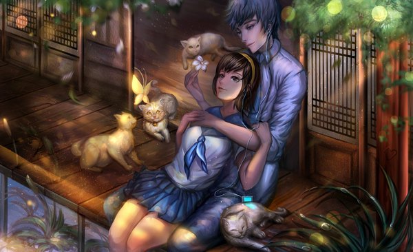Anime picture 1024x626 with original sangrde fringe short hair breasts black hair smile wide image sitting holding brown eyes blue hair outdoors pleated skirt lips couple hug hug from behind girl boy