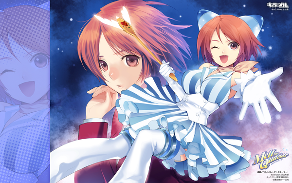 Anime picture 1920x1200 with mell the quasar miyama waka looking at viewer highres short hair open mouth wide image brown eyes one eye closed wink orange hair striped dual persona girl thighhighs gloves white thighhighs elbow gloves white gloves neckerchief
