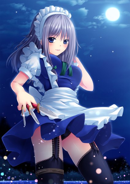 Anime picture 848x1200 with touhou izayoi sakuya toshi (1-147) single tall image looking at viewer blush fringe short hair blue eyes light erotic smile standing holding payot sky cloud (clouds) outdoors arm up wind