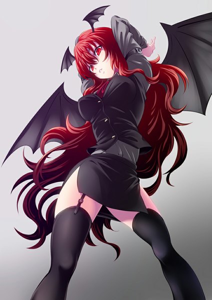 Anime picture 723x1023 with touhou koakuma hijikawa arashi single long hair tall image simple background red eyes red hair grey background zettai ryouiki head wings girl thighhighs dress skirt black thighhighs wings skirt set