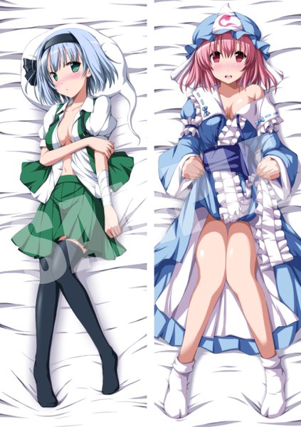 Anime picture 1224x1738 with touhou konpaku youmu saigyouji yuyuko nori tamago tall image blush short hair breasts open mouth light erotic red eyes bare shoulders multiple girls green eyes blue hair pink hair cleavage full body lying traditional clothes