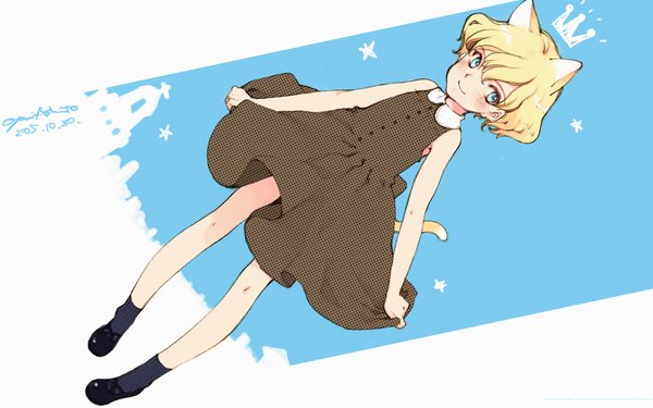 Anime picture 1920x1200 with littlewitch oyari ashito single looking at viewer highres short hair blue eyes blonde hair smile wide image animal ears full body tail animal tail cat ears cat girl cat tail sleeveless polka dot girl