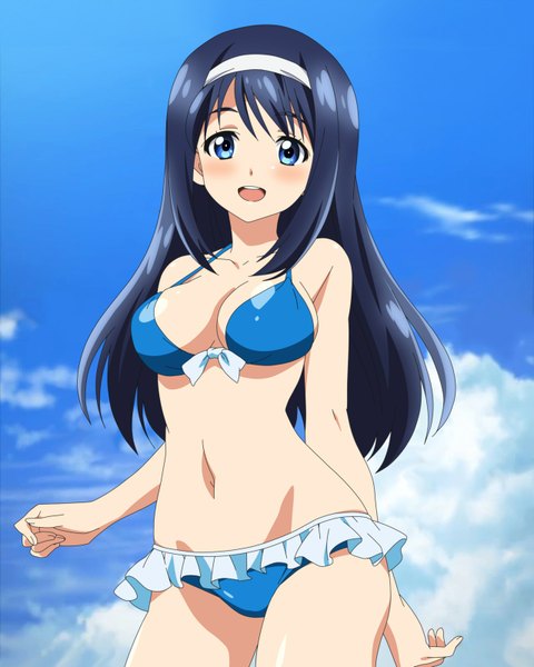 Anime picture 1280x1600 with vividred operation futaba aoi (vividred operation) tagme (artist) single long hair tall image looking at viewer blush open mouth blue eyes light erotic smile bare shoulders blue hair sky cloud (clouds) bare belly hands behind back girl navel