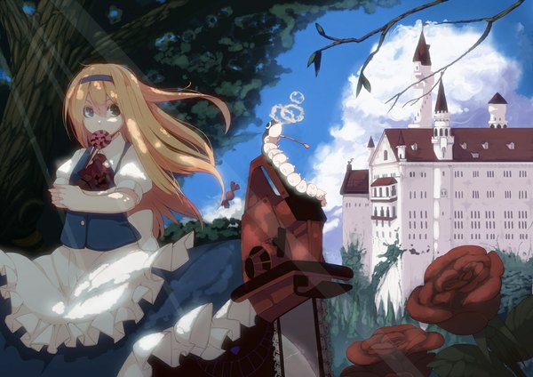 Anime picture 1024x724 with alice in wonderland alice (wonderland) caterpillar (wonderland) fuurin (omaemona) long hair blue eyes blonde hair mouth hold smoke smoking girl dress flower (flowers) plant (plants) tree (trees) hairband rose (roses) insect building (buildings) apron