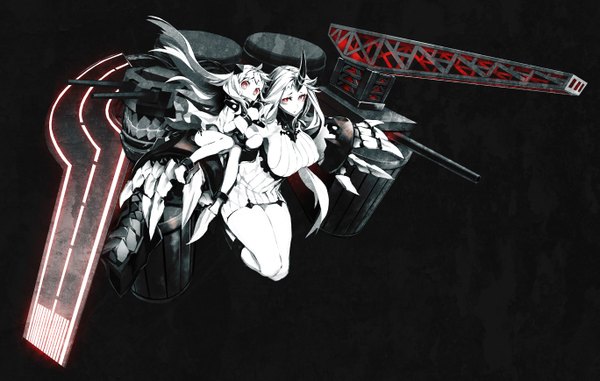Anime picture 2734x1740 with kantai collection northern ocean hime seaport hime miwa shirow long hair looking at viewer highres breasts simple background large breasts multiple girls bent knee (knees) white hair barefoot horn (horns) loli black background white skin shinkaisei-kan girl