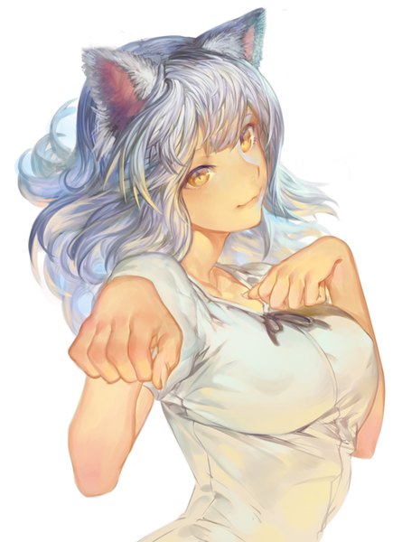 Anime picture 594x800 with bakemonogatari shaft (studio) monogatari (series) hanekawa tsubasa black hanekawa ant of spirit single tall image looking at viewer fringe short hair simple background smile white background animal ears yellow eyes silver hair upper body head tilt cat ears