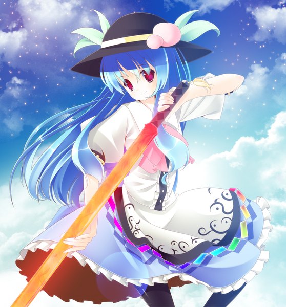 Anime picture 2000x2152 with touhou hinanawi tenshi zefa (neoaltemice) single long hair tall image highres red eyes blue hair cloud (clouds) girl dress weapon hat sword
