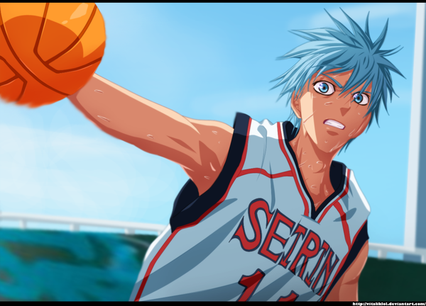 Anime picture 1145x825 with kuroko no basket production i.g kuroko tetsuya vitaliklol single short hair blue eyes blue hair sky cloud (clouds) armpit (armpits) sweat grin coloring angry basketball boy uniform gym uniform ball