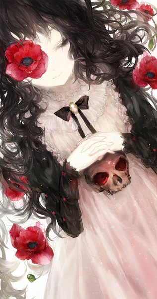 Anime picture 796x1512 with original juexing (moemoe3345) single long hair tall image black hair simple background white background lying eyes closed tears pale skin girl dress flower (flowers) bowtie eyepatch skull