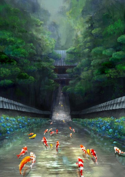 Anime picture 1753x2480 with original iwasaki seijin tall image highres outdoors reflection rain no people nature architecture east asian architecture perspective flower (flowers) plant (plants) animal tree (trees) water fish (fishes) forest stairs