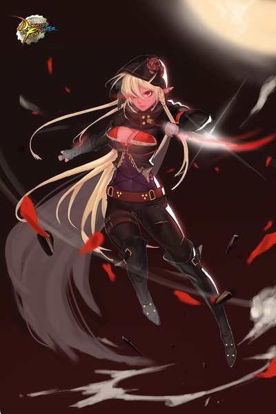 Anime picture 2000x3000 with dungeon and fighter thief (dungeon and fighter) melang b single long hair tall image fringe highres breasts blonde hair hair between eyes red eyes large breasts holding looking away cleavage full body bent knee (knees) braid (braids) lips