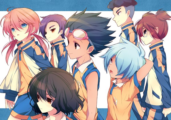 Anime picture 1137x800 with inazuma eleven inazuma eleven go kirino ranmaru shindou takuto minamisawa atsushi kurama norihito hamano kaiji hayami tsurumasa sangoku taichi mzyk-mk2 long hair fringe short hair open mouth blue eyes black hair smile brown hair brown eyes blue hair