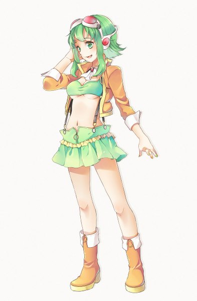 Anime picture 800x1219 with vocaloid gumi nou single tall image short hair open mouth simple background white background nail polish green hair girl skirt navel boots goggles suspenders green skirt